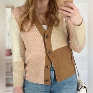 beachlunchlounge Colorblock Cream Pink Tan Brown Button Up Cardigan Size L